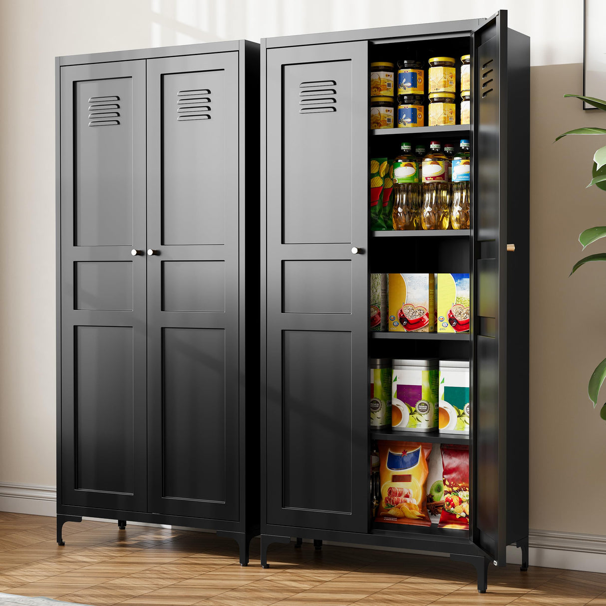 BYNSOE Kitchen Pantry Storage Cabinet with Adjustable Shelves Metal Cupboard Storage Cabinet with Adjustable Feet Pantry Cabinet for Kitchen, Living Room Dinning Room Bathroom. (Black, 61 inch) BYNSOE