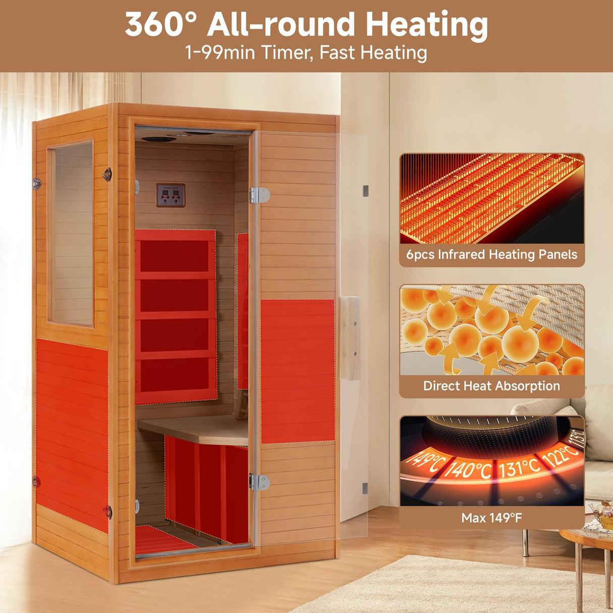springspa Infrared Sauna Home Sauna, Indoor Far Infrared Saunas for Home, 1 Person Low Emf Canadian Hemlock Wooden Spa Room 950w, 110v with Control Panel springspa
