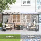 Gotland 10FTx14FT Outdoor Wall-Mounted Hardtop Pergola, Metal Frame Gazebo with Sloping Sun Panel Roof and Double Curtains for Patio, Garden, Lawn, Grey Gotland