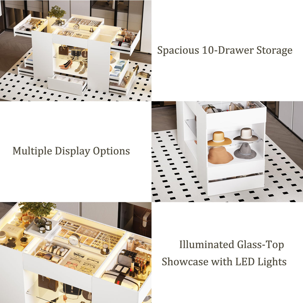 Kikihouse Modern Closet Island with 10 Drawers, LED Wardrobe Armoire Island with Glass Top, Luxury Walk-in Closet Island Storage Cabinet with Display Shelf for Cloakroom, Dressing Room (White) Kikihouse