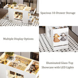 Kikihouse Modern Closet Island with 10 Drawers, LED Wardrobe Armoire Island with Glass Top, Luxury Walk-in Closet Island Storage Cabinet with Display Shelf for Cloakroom, Dressing Room (White) Kikihouse