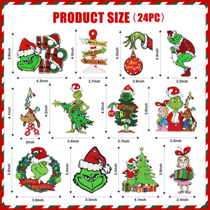 24PCS Christmas Decorations, Wooden Christmas Tree Ornaments, Grinc Christmas Decorations Christmas Ornaments Set Party Home