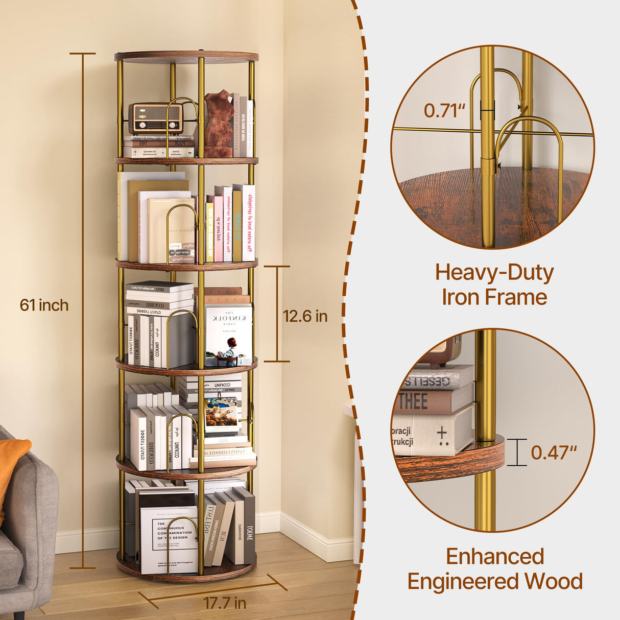 neatevday 5 Tier Rotating Bookshelf, 360° Display Rotating Bookshelf Tower, Tall Spinning Book Shelf, Space Saving Floor Standing Spinning Bookcase for Living Room, Bedroom, Office neatevday
