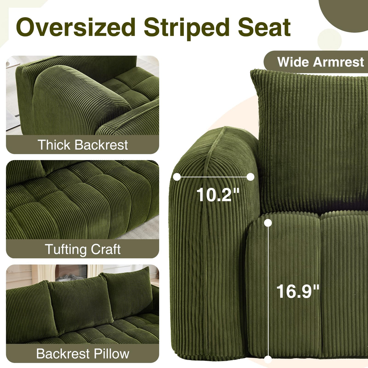 AEMEIOS Boneless Loveseat Couch for Living Room, Oversized Loveseat 2 Seater with 2 Pillow for Lovers,Corduroy Boneless Cloud Sofa Loveseats in a Box for Bedroom,No Assembly Couch, Green AEMEIOS