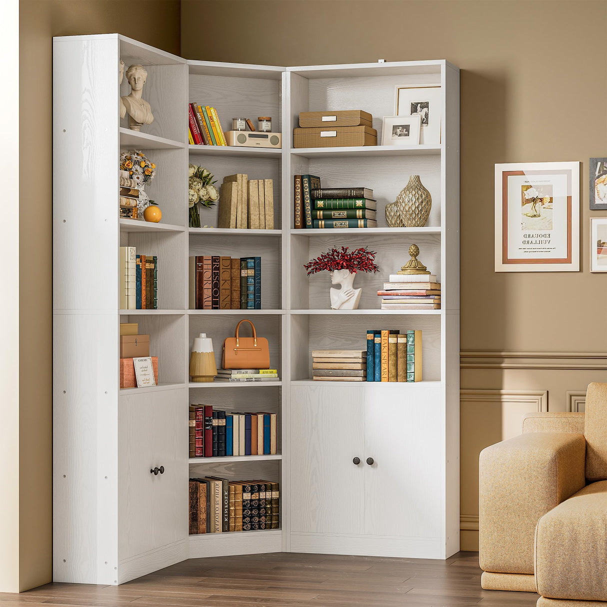 IRONCK Corner Bookshelf and Bookcase with 2 Storage Cabinets and 7 Tier Shelves, 71" Height Storage Shelves Corner Combination, White IRONCK