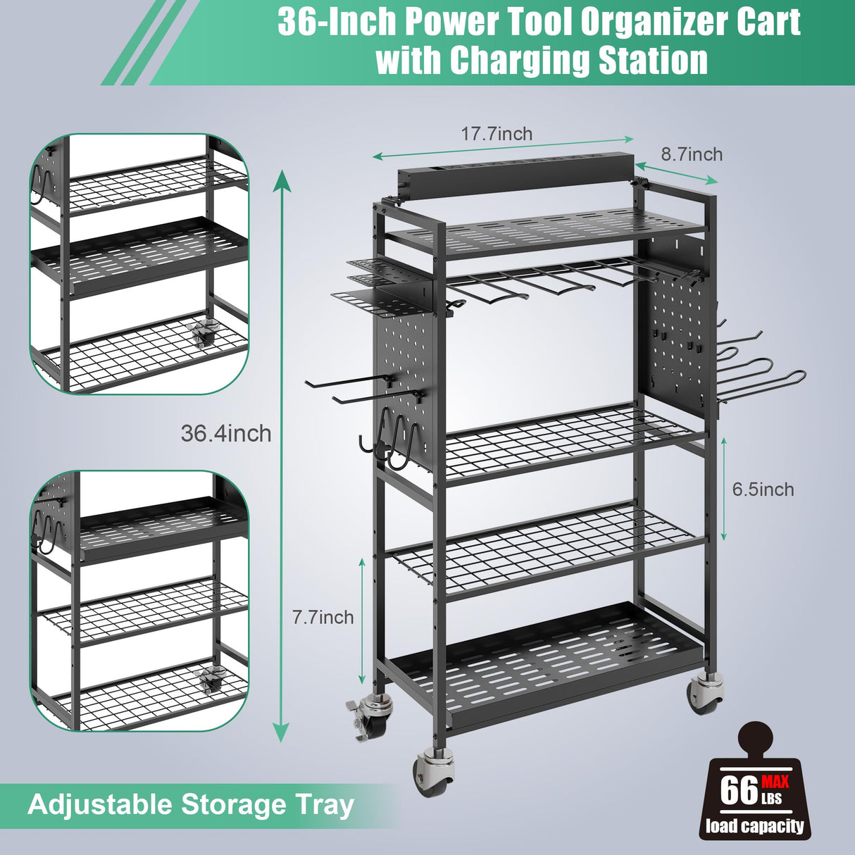 Power Tool Organizer Cart with Charging Station, Garage Rolling Storage with Drill Holder, Utility Rack for Cordless Tools, Battery & Screwdriver Shelf on Wheels, Tool Chest,Gifts for Dad Husband Sttoraboks