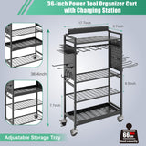 Power Tool Organizer Cart with Charging Station, Garage Rolling Storage with Drill Holder, Utility Rack for Cordless Tools, Battery & Screwdriver Shelf on Wheels, Tool Chest,Gifts for Dad Husband Sttoraboks