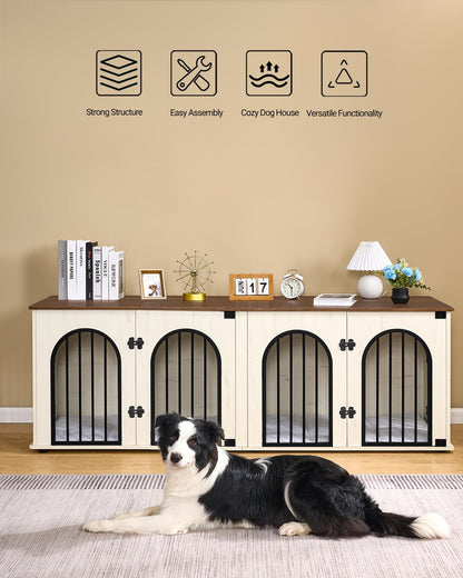 Hzuaneri Dog Crate Furniture, 71" Heavy Duty Dog Kennels with Divider, Pads, Side Table, TV Cabinet, Wooden Dog Crate Furniture for 2 Dogs, Small/Medium/Large Dog, Anti-Chew, White Brown - WoodArtSupply