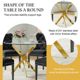 Modehodei 5-Piece Glass Dining Table Set for 4, Include 36" Round Tempered Glass Kitchen Table and 4 Black High Back Chairs for Dining Room, Living Room (Gold Legs) Modehodei