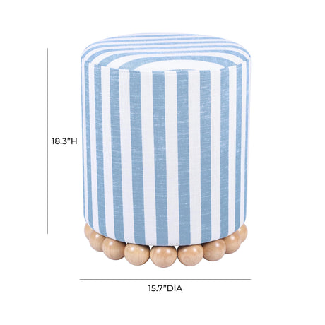 Tov Furniture Dex Pastel Blue Striped Linen Round Ottoman with Wooden Base Tov Furniture