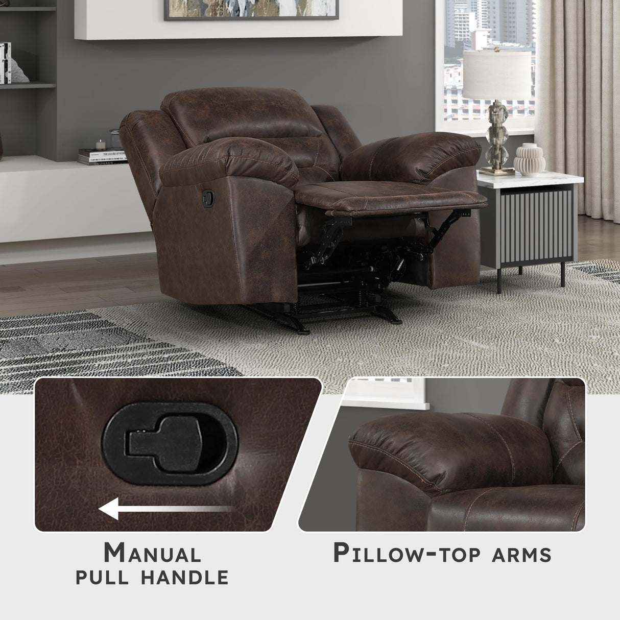 Lexicon Rocker Recliner Chair for Living Room, Wall Hugger Manual Recliner Chairs, Textured Microfiber Upholstered Rocking Reclining Chair, Home Theater Seating, Required Assembly, Dark Brown Lexicon