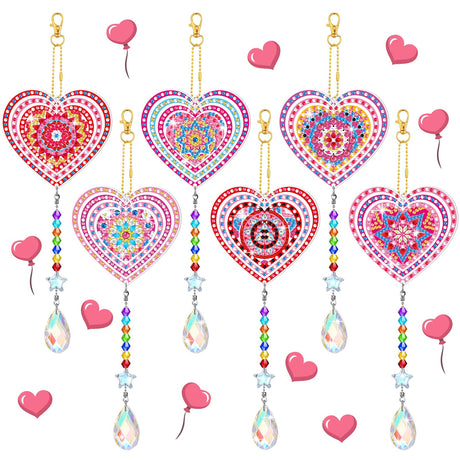 Perthlin 6 Pieces Pink Heart Diamond Art Kits Double Sided Heart Suncatchers Wind Chimes Diamond Art Ornaments for Craft Gifts Hanging Accessories Perthlin