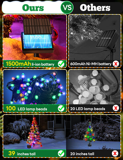 100LED Solar Christmas Tree Lights Outdoor Waterproof, 8 Modes Large Solar Christmas Trees Lights with Xmas Ball & Red Berry, Solar Powered Christmas Decorations for Outside Pathway Garden Yard Decor