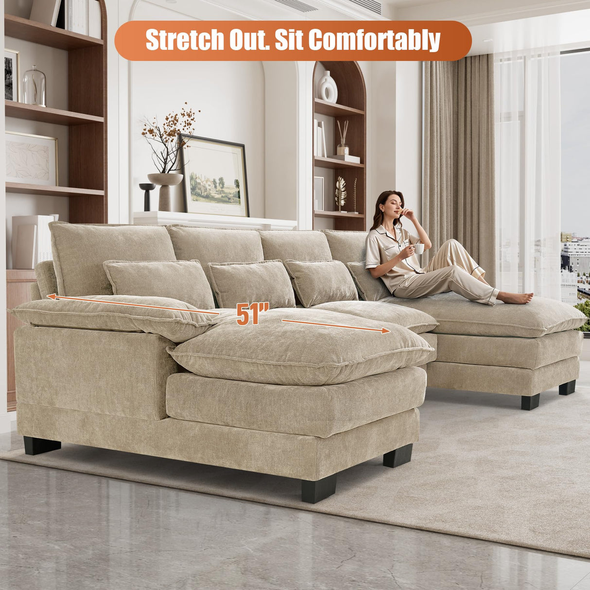 OUYESSIR 110" U Shaped Cloud Sectional Sofa with Deep Seat Cushions, Modern Comfy Chenille Couch, 4 Seater Fluffy Sectional Couches for Living Room with Double Chaise(Light Brown) OUYESSIR