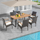 Tangkula Outdoor Dining Set for 6, Weather Resistant Heavy Duty 7 Pieces Patio Acacia Wood Table and Wicker Chairs with Umbrella Hole, Soft Padded Cushions, for Poolside, Backyard, Lawn (7 PCS) Tangkula