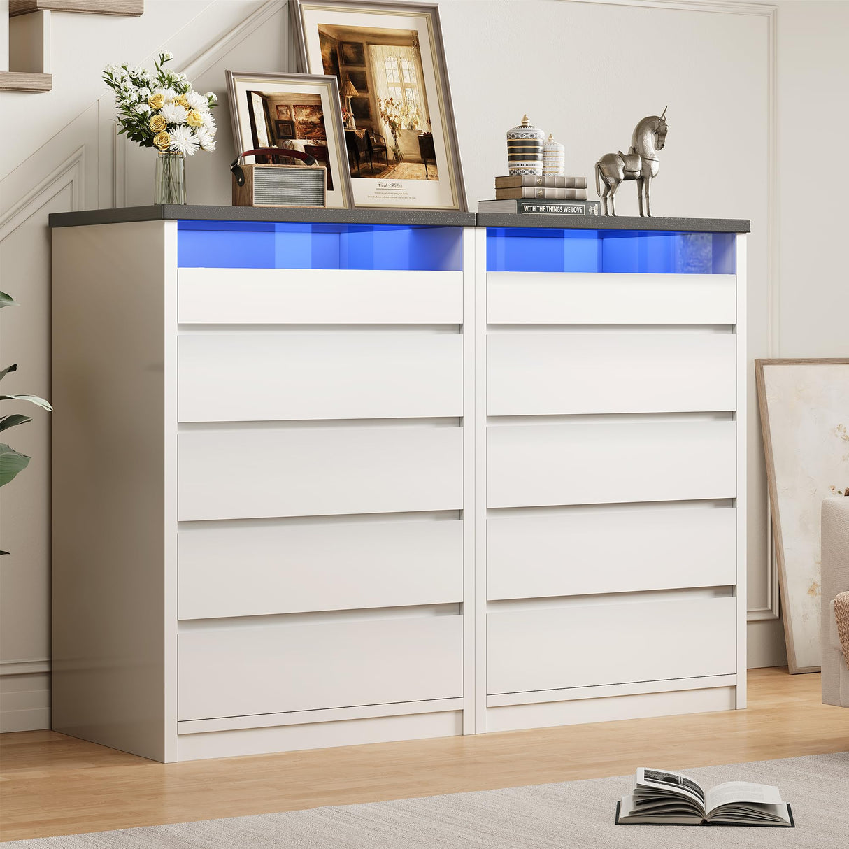 Jocoevol Larger White 5 Drawer Dresser for Bedroom with LED Light, Modern Chest of Drawers with Hidden Handles, Tall Wooden Dresser Closet for Living Room, Entryway, Hallway - White Jocoevol