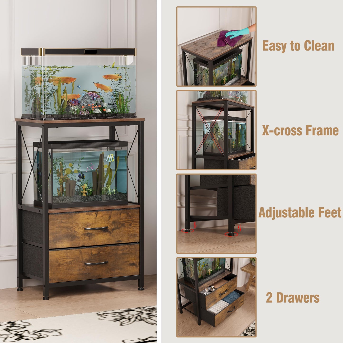 Welfuturer 10 Gallon Aquarium Stand with 2-Tier Shelf Fish Tanks Stand with 2 Drawers Metal Frame Heavy Duty Reptile TurtleTank Stand with Storage for Home Offic Fish Tank Accessories Storage, Brown