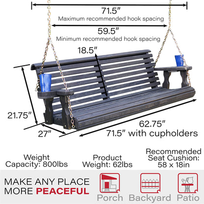 Amish Casual Heavy Duty 700 Lb Roll Back Treated Porch Swing with Hanging Chains and Cupholders (5 Foot, Semi-Solid Black Stain) - WoodArtSupply