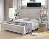 AMERLIFE King Bed Frame with Wide Headboard and 4-Tier Bookshelves, Farmhouse Platform Bed with Charging Station & 2 Drawers, Noise-Free, No Box Spring Needed, Rustic White AMERLIFE