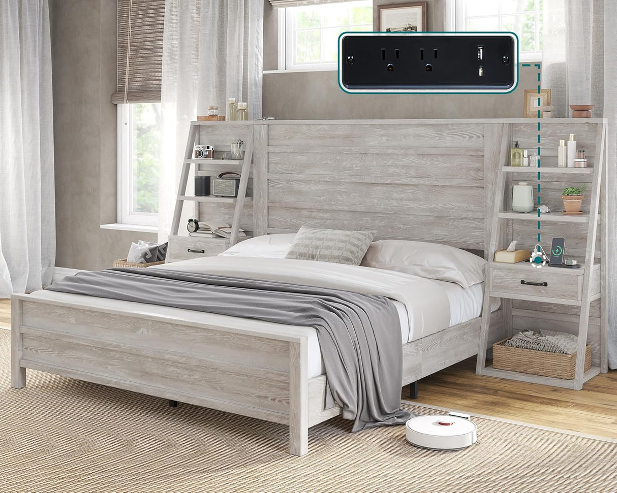 AMERLIFE Full Bed Frame with Wide Headboard and 4-Tier Bookshelves, Farmhouse Platform Bed with Charging Station & 2 Drawers, Noise-Free, No Box Spring Needed, Rustic White AMERLIFE