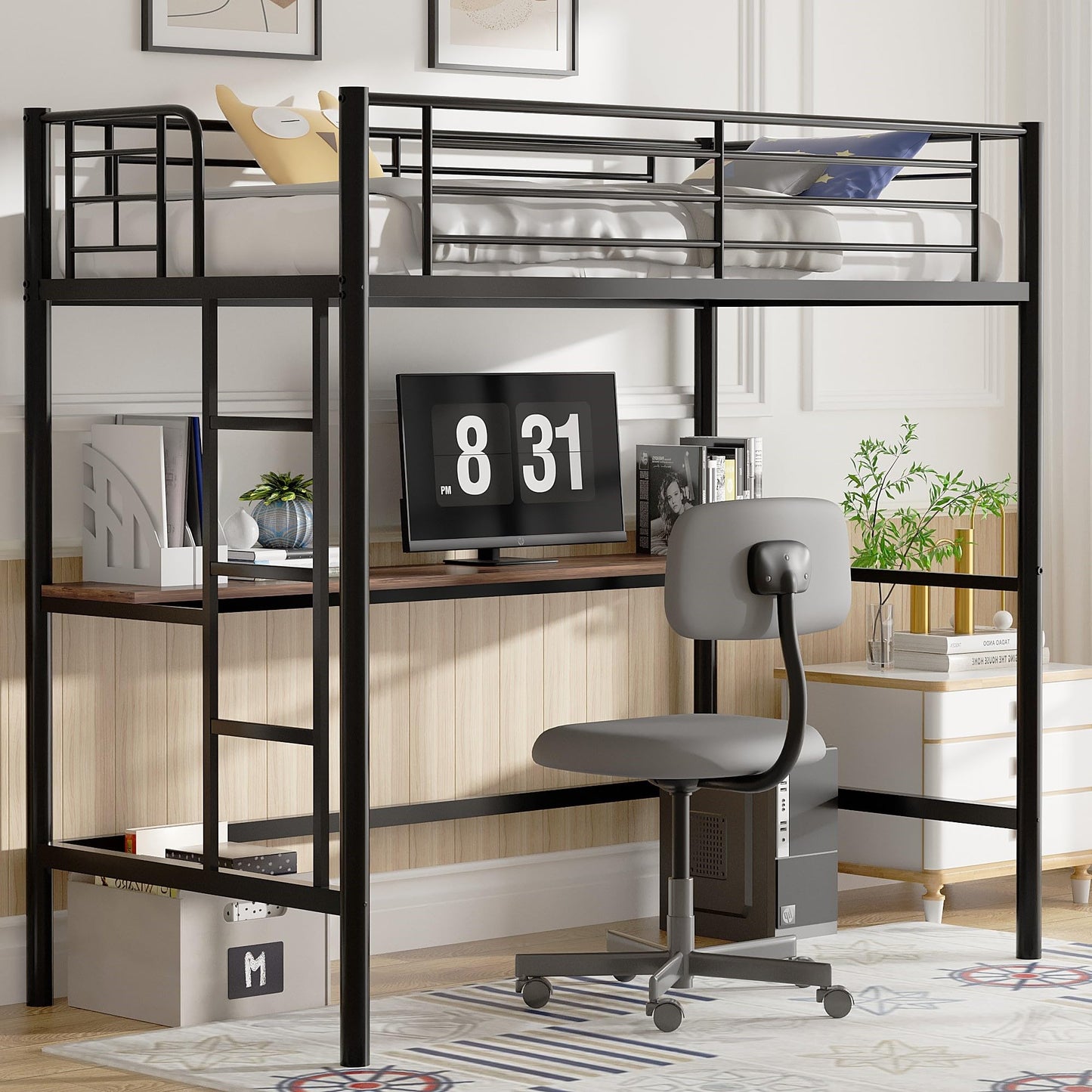 VECELO Twin Size Metal Loft Bed with Desk, Removable Ladder & Safety Guardrails, Space-Saving Design in Black - WoodArtSupply