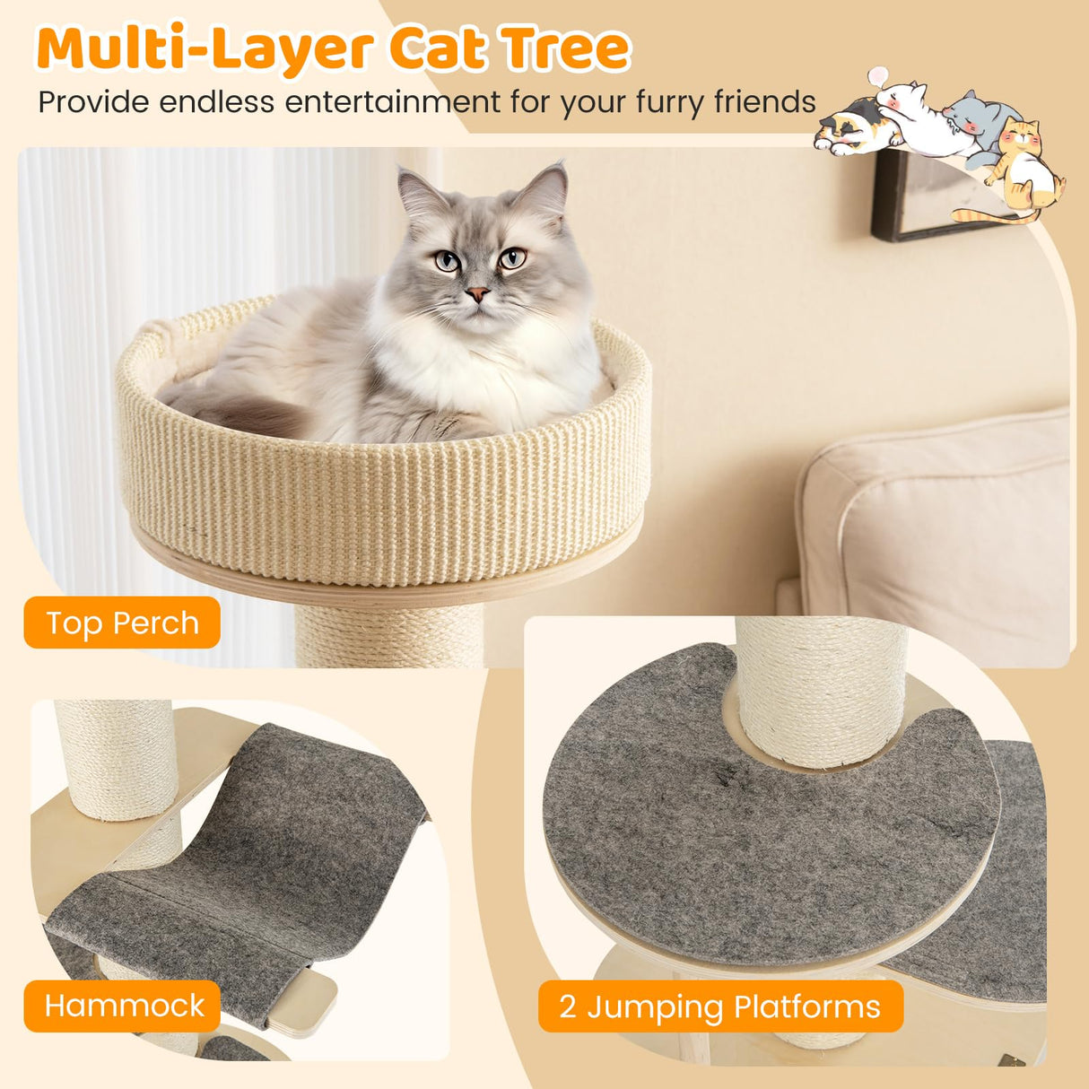Tangkula Wood Cat Tree, 47 Inch Multi-Layer Cat Tower with 5.7” Thicker Sisal Covered Scratching Posts & Carpet, Padded Top Perch, 2 Jumping Platforms, Hammock, Modern Cat Tree Tower for Indoor Cats Tangkula