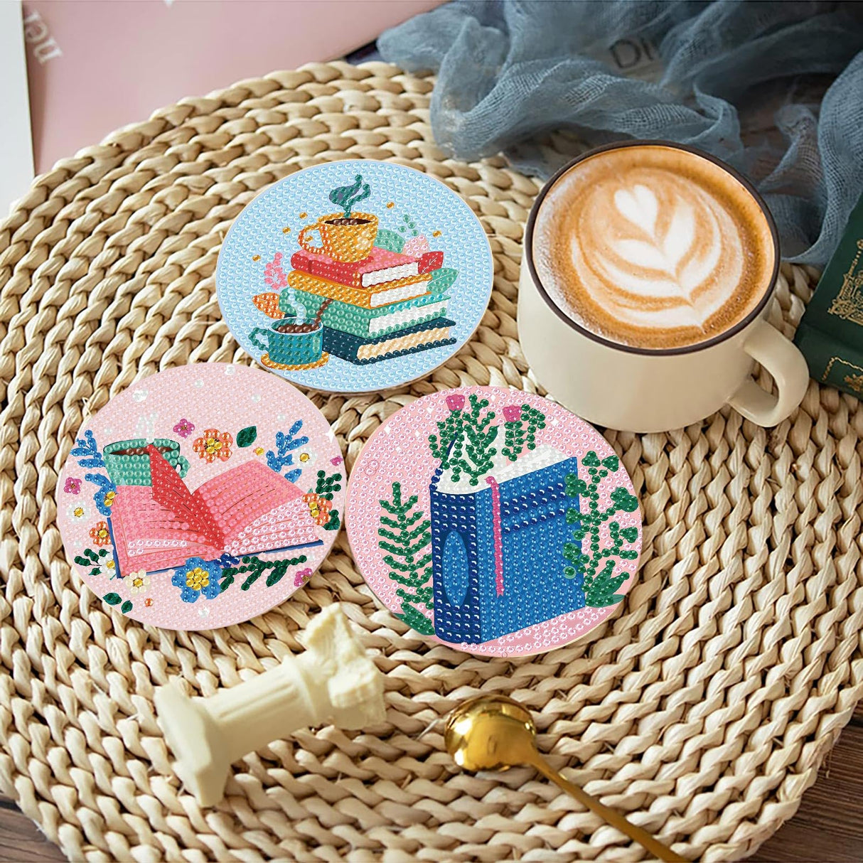 8 Pcs Book Diamond Art Coasters Kit for Adults, Book Lovers Wooden Coffee Diamond Painting Coasters with Holder, 5D Gem Art Dots Painting Coaster With Cork Pads - Crafts Supplies for Home Decor Fotasmua