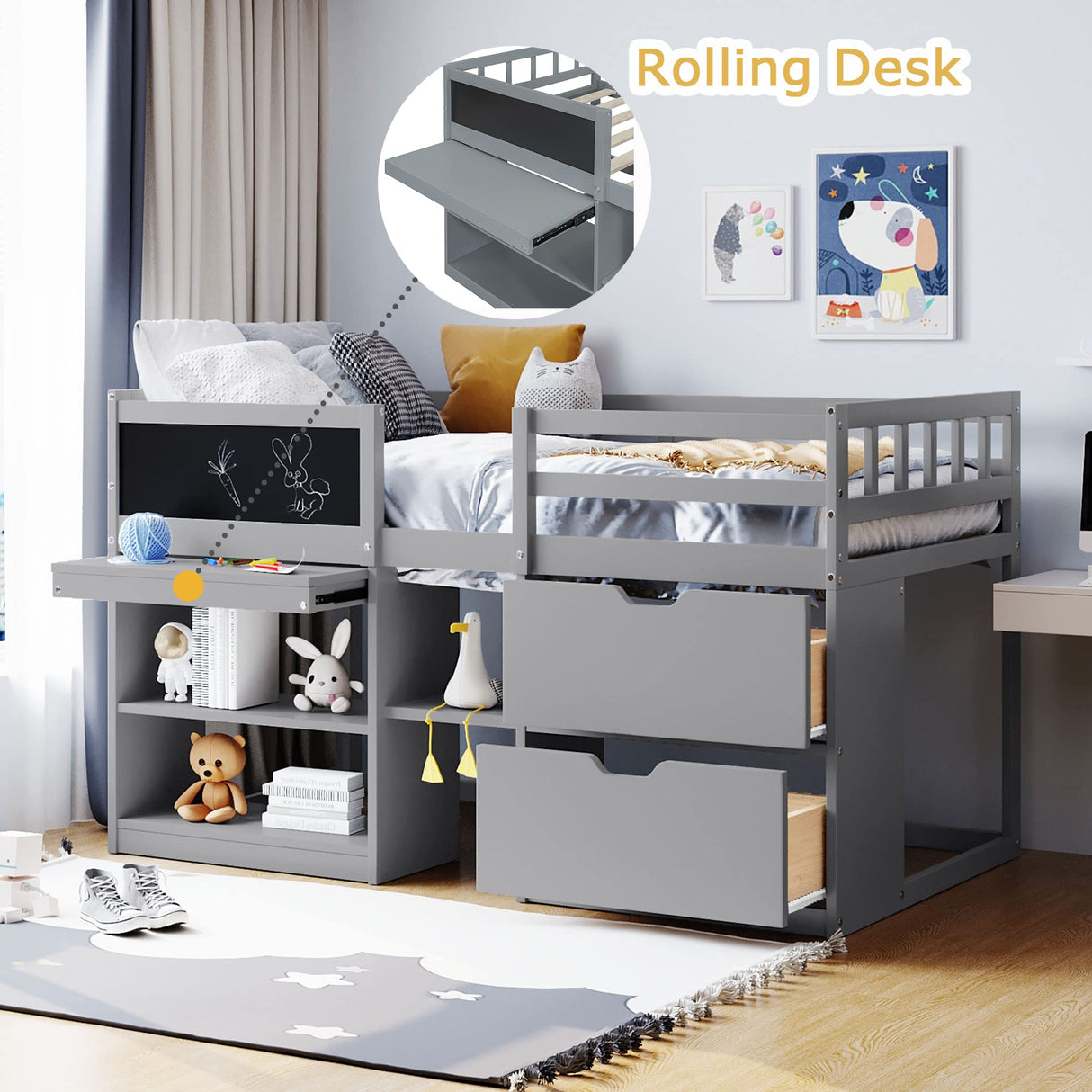 CITYLIGHT Twin Size Low Loft Bed with Storage, Kids Loft Bed with Small Rolling Desk & Chalkboard,Two Shelves and Two Drawers,Wooden Twin Loft Bed for Girls Boys Bedroom,Grey CITYLIGHT