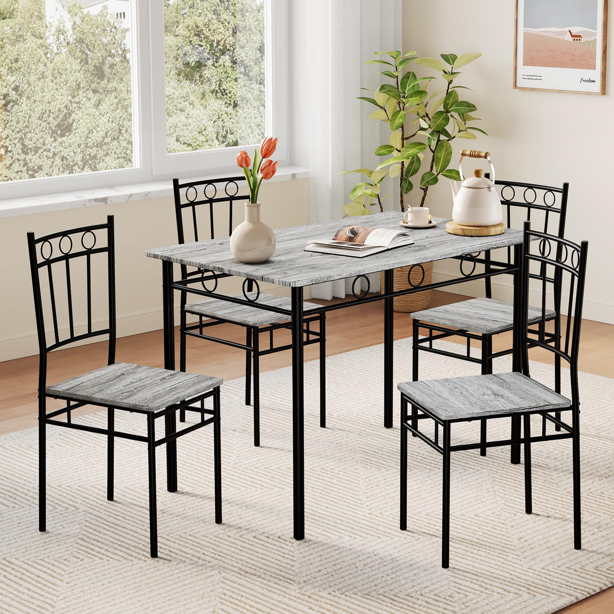 Vipbear Kitchen Dining Table Set for 4, 5-Piece Kitchen Table Set,Dining Room Table Sets,Rectangular Kitchen Table Set with 4 Chairs for Small Space, Dinette,Apartment,Rustic Grey Vipbear