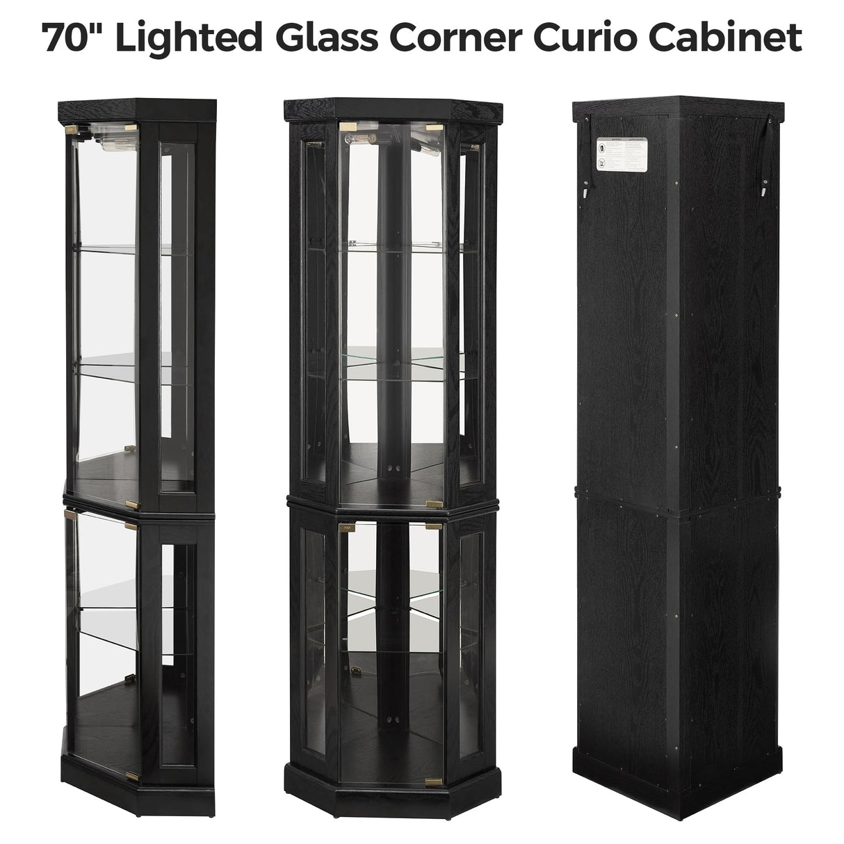 Trygoal 70" H Lighted Corner Curio Cabinet, Display Curio Cabinet with Tempered Glass Doors and Shelves, Corner Display Case with Light Bulb for Living Room, Dining Room, Black Trygoal