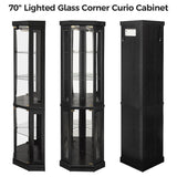 Trygoal 70" H Lighted Corner Curio Cabinet, Display Curio Cabinet with Tempered Glass Doors and Shelves, Corner Display Case with Light Bulb for Living Room, Dining Room, Black Trygoal