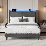 SLEKVERSA Queen Size Bed Frame with LED Lights and Charging Station, Fabric Upholstered Platform Queen Bed Frame with Headboard, No Box Spring Needed Bedframe, Noise Free, Easy Assembly, Gray SLEKVERSA