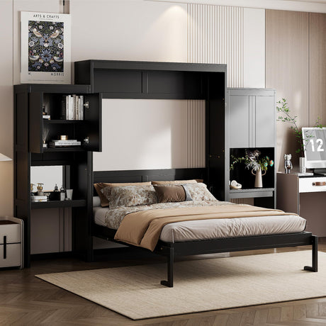 Merax Queen Size Murphy Bed with Desk, Storage Cabinets, Vanity and Mirror for Bedroom, Living Room, Apartment Merax