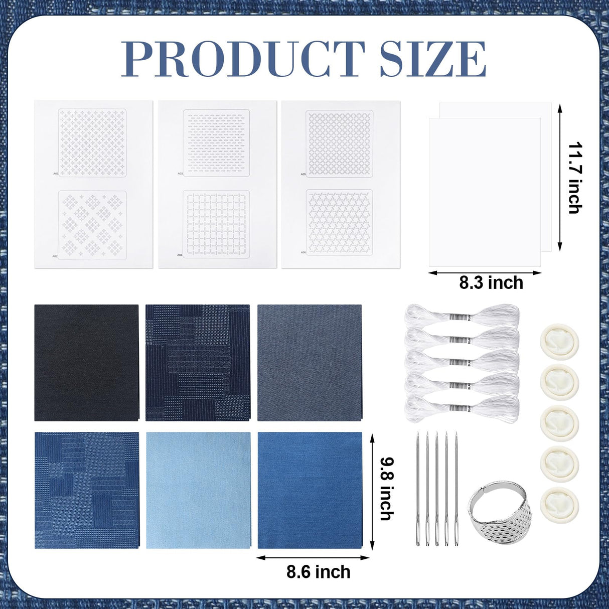 Hahafelt Sashiko Kit Sashiko Thread and Needles Thimble Denim Fabric Water Soluble Japanese Embroidery Kit for Beginners Hand Quilting and Mending, Sewing Supplies Hahafelt