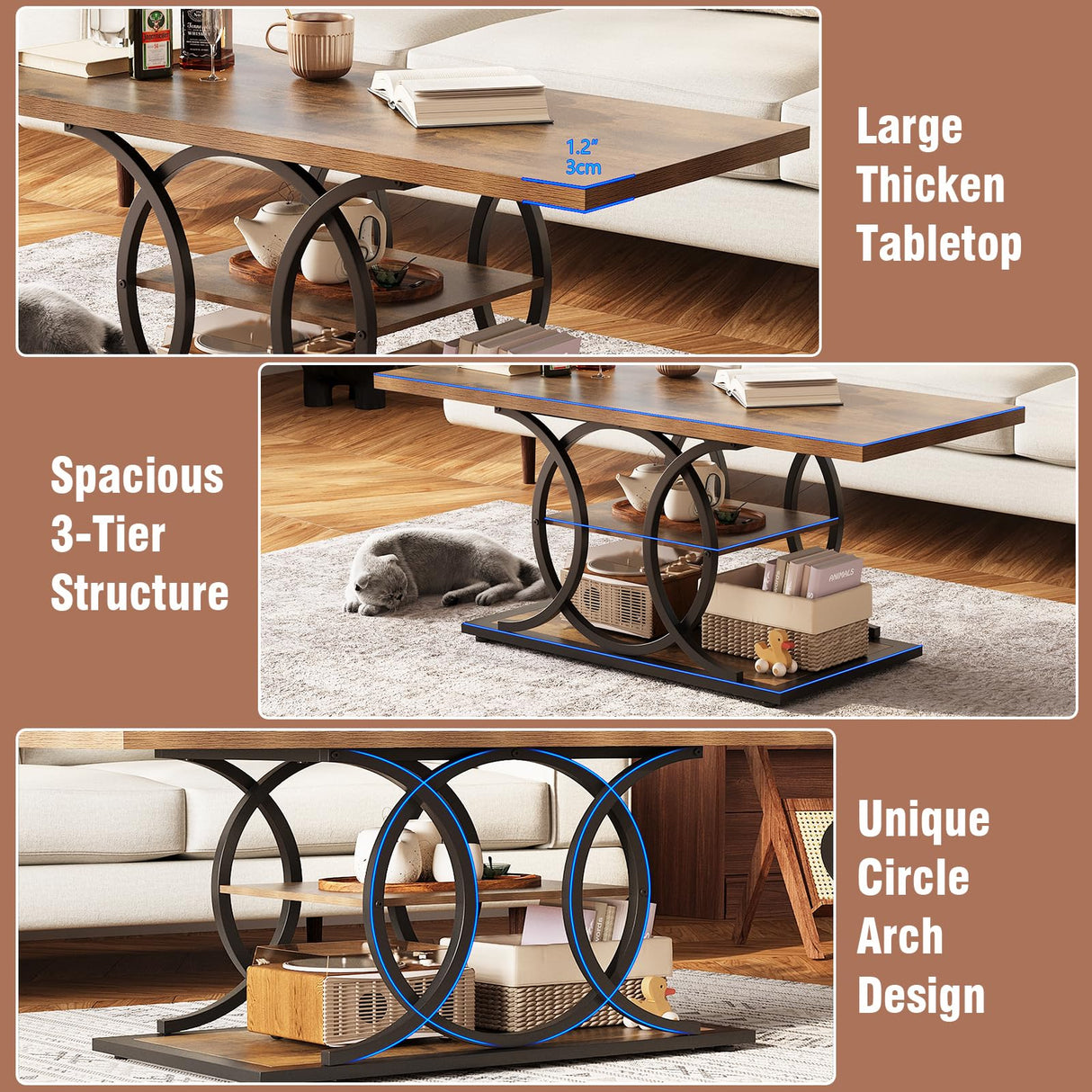 GiftGo Rustic Coffee Table with Storage Industrial 3 Tier Center Living Room Table Farmhouse Wooden Rectangle Cocktail Tea Table for Office Bedroom Elegant Full Moon Round Metal Frame (Brown, L-47) GiftGo