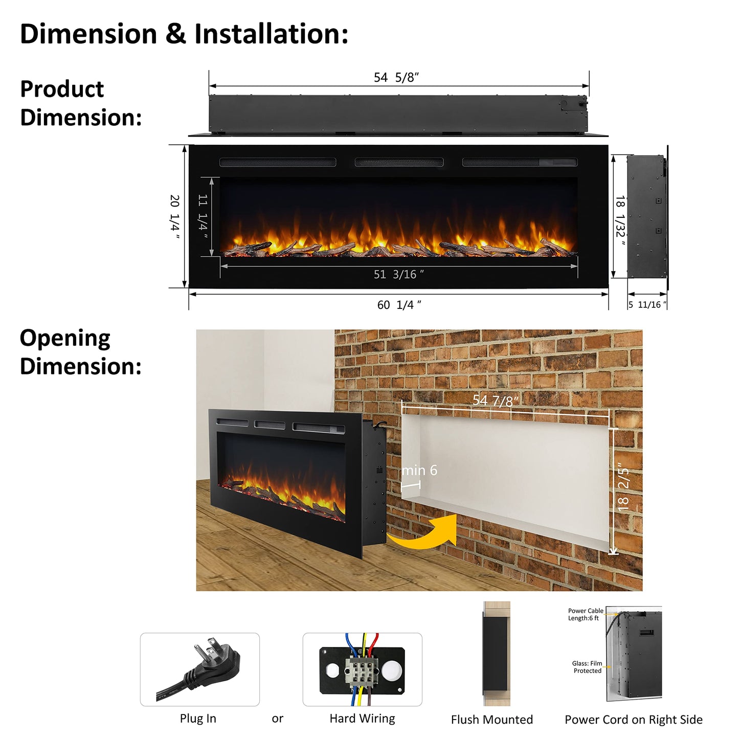 PuraFlame Alice 60 Inches Recessed Electric Fireplace, Flush Mounted for 2 X 6 Stud, Log Set & Crystal, 1500W Heater, Remote Control, Black