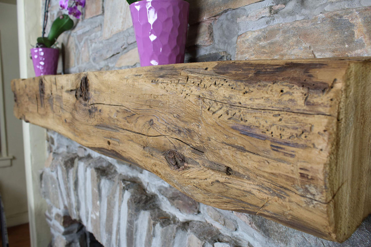 Modern Timber Craft Hand Hewn Wood Barn Beam Fireplace Mantel Shelf - Certified Reclaimed American Barnwood Floating Rustic Shelving, 72 Inches Modern Timber Craft