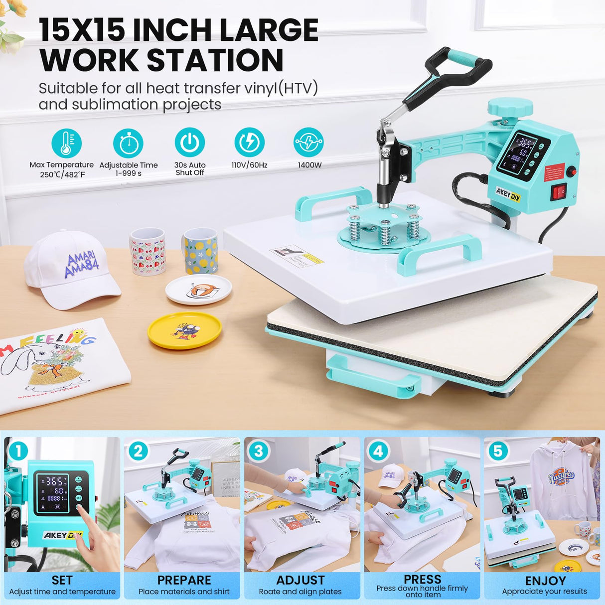 AKEYDIY Upgraded Heat Press Machine 8 in 1 Combo 15 X15 Digital Multifunction Shirt Press Machine for T Shirts Sublimation Machine 360-Degree Swing Away Dual-Tube Heating for DIY T-Shirts Caps&Mugs AKEYDIY