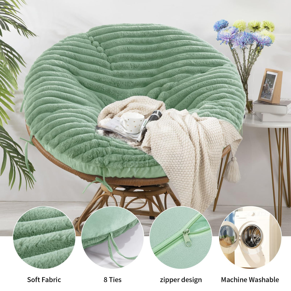 HOMBYS Fluffy Shaggy Cover for Papasan Chair Cushion, Plush Faux Fur Slipcover ONLY, (Without Cushion) Removable Soft Papasan Cushion Covers with 8 Ties, (Sage Green, 50"x50") HOMBYS