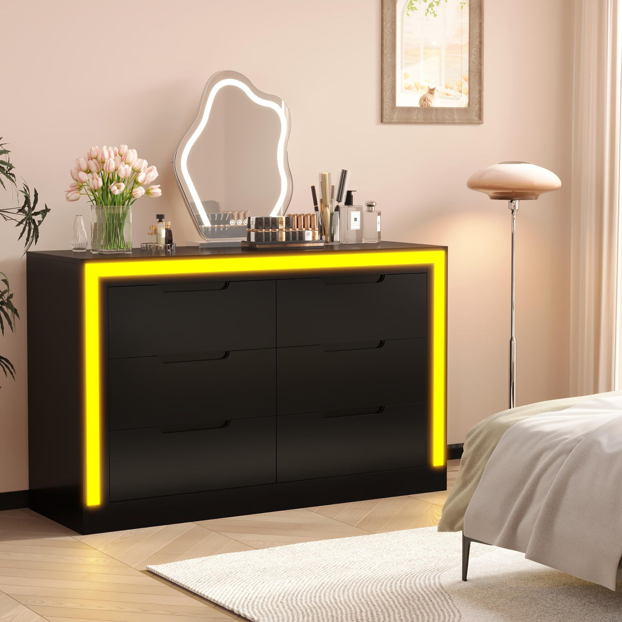 Melodyblue Dresser for Bedroom, 6 Drawer Dresser with LED Light, Black Dressers Chests of Drawers,Organizer Storage Drawers for Hallway, Entryway,Bedroom Melodyblue