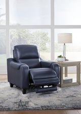 Signature Design by Ashley Mercomatic Contemporary Leather Match Wall Hugger Power Recliner with Adjustable Headrest and USB Ports, Blue Signature Design by Ashley