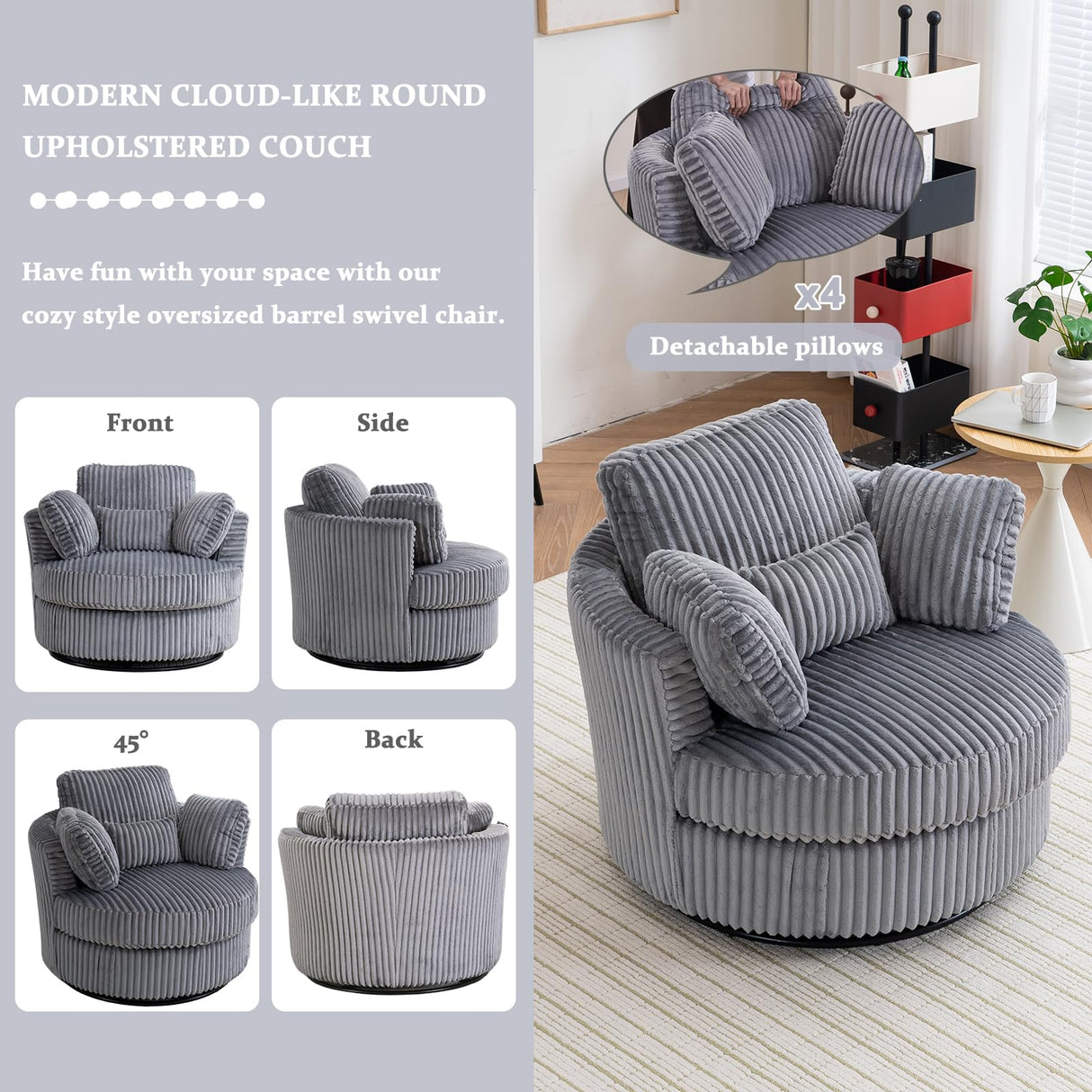 YABTOP Oversized Swivel Accent Barrel Chair with Pillows,Modern Round Plush Cuddler Reading Chair Comfy for Bedroom Living Room,Corduroy Gray YABTOP