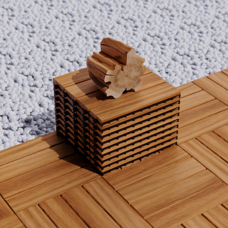 Acarra 27pcs Golden Select Composite or Rubber Interlocking Deck Tiles -12" UV Resistant Waterproof Acacia Wood Look Outdoor Flooring, Easy No-Tool Installation Acarra