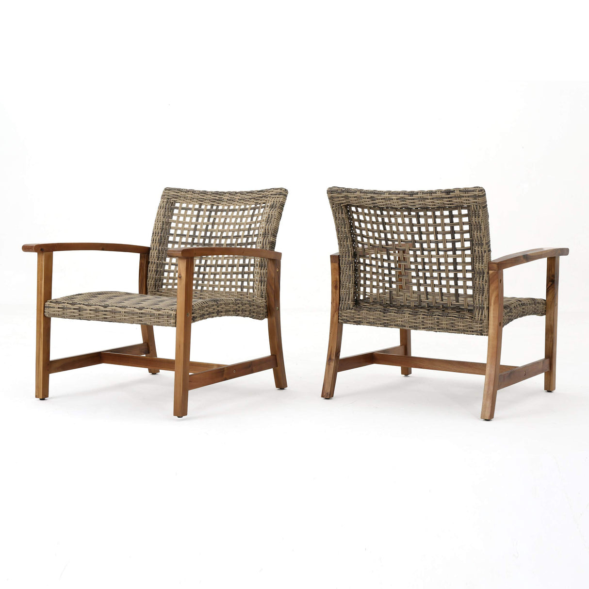Christopher Knight Home Hampton Outdoor Mid-Century Wicker Club Chairs with Acacia Wood Frame, 2-Pcs Set, Natural Stained / Grey Christopher Knight Home