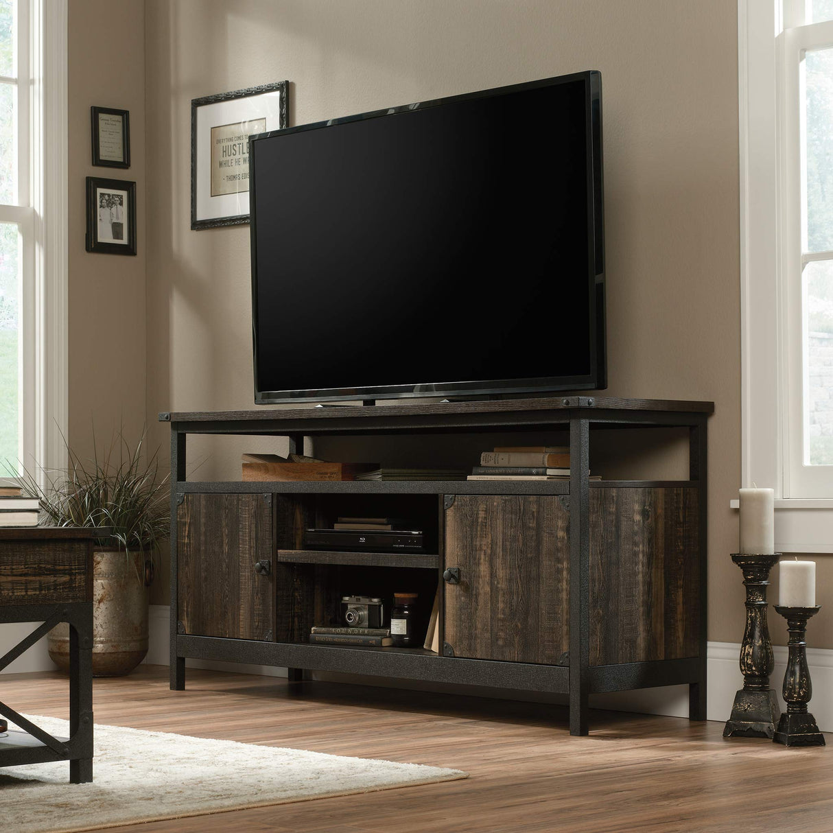 Sauder Steel River Metal & Wood Credenza with Doors, for TVs up to 60", Carbon Oak Sauder