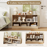 SILKYDRY 5 Cube Storage Organizer, 2-Tier Horizontal Bookshelf, Wooden Display Book Shelves for Home Office Classroom, Low Bookcase Under Window (Natural, 44” x 12” x 24”) SILKYDRY