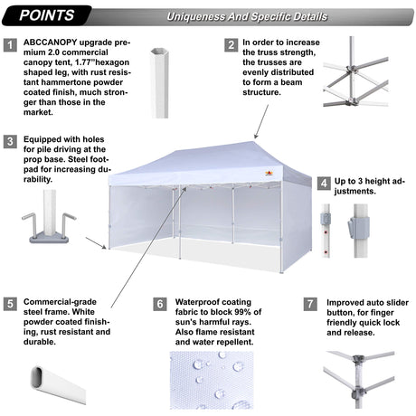 ABCCANOPY 10x20 Pop Up Canopy Tent Commercial Instant Outdoor Canopy Premium-Series with 3 Sidewalls and Hexagonal Legs,White ABCCANOPY