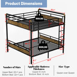 MoproBeti Queen Over Queen Industrial Bunk Beds for Teens or Adults, Heavy-Duty 2 in 1 Metal Convertible Bunk Bed with Ladder and Slats Support,15.9" High Guard Rail,Space-Saving,Noise Reduced,Black MoproBeti