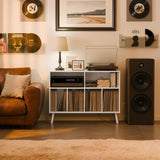 Cozy Castle Record Player Stand, Turntables Stand with Charging Station and Vinyl Record Storage Holds up to 350 Albums, Record Stand Table for Living Room, Office, White Cozy Castle