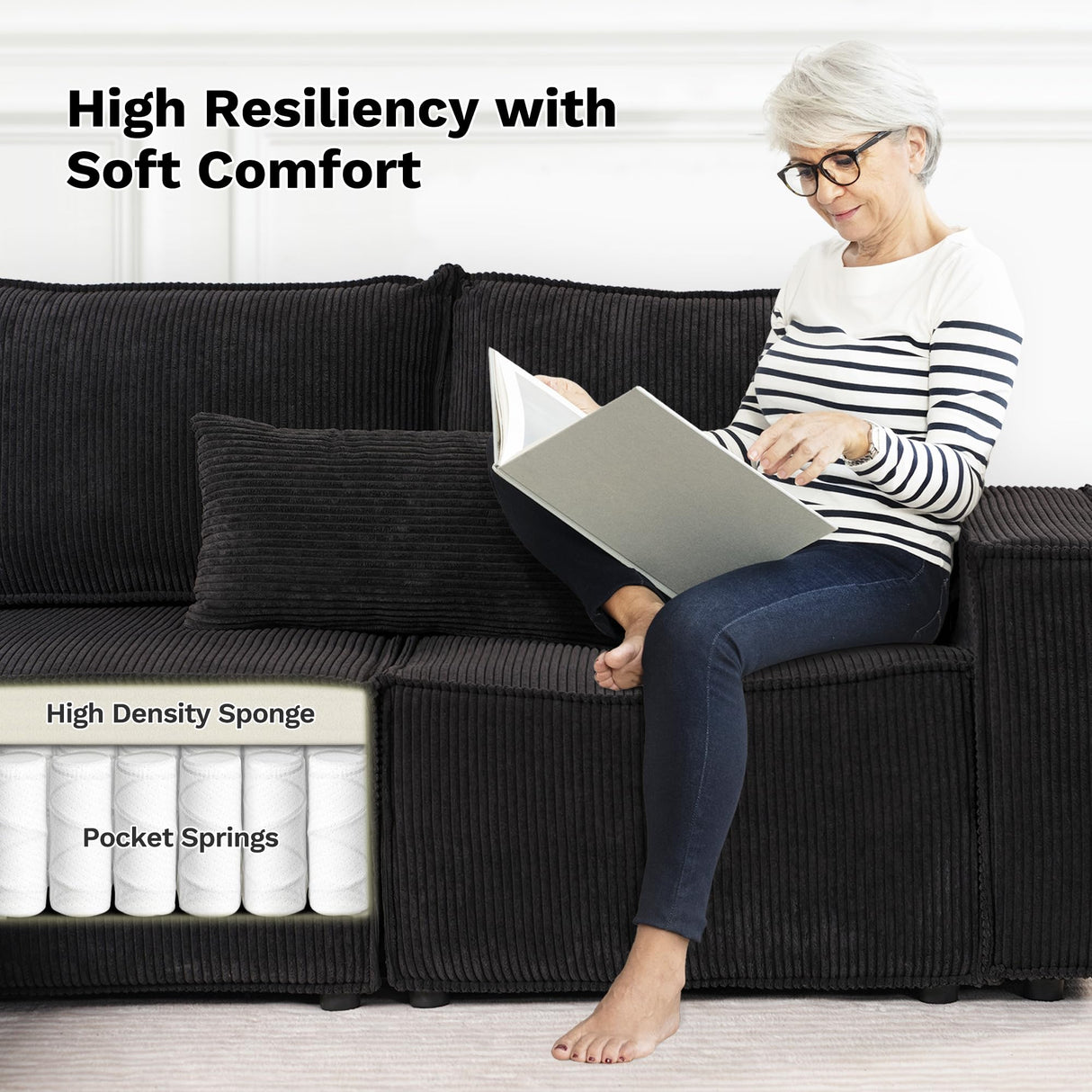 ovios Modular Sectional Sofa Couch, L-Shaped Minimalist Couches with 2 Ottomans Chaise, Comfy Deep Seat Cloud Plush Corduroy Living Room Sofas Set, 6 Seat Large Cushions, Black ovios